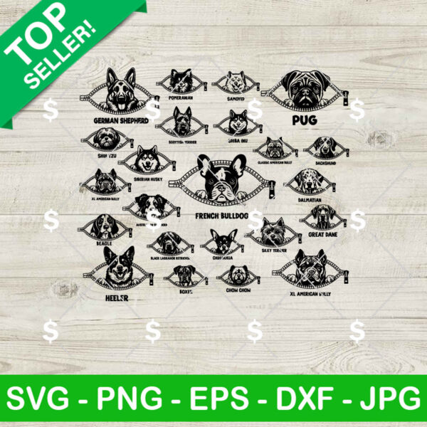 Peeking dogs in zipper SVG, Dogs Peekaboo SVG, Peeking Dogs Bundle SVG PNG Digital Files