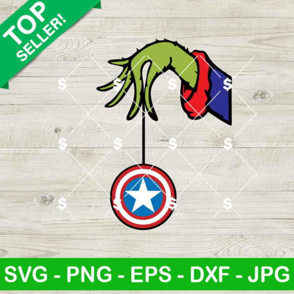 Grinch Hand Holding Captain America Ornament SVG, Grinch Ornament SVG, Superhero Christmas SVG