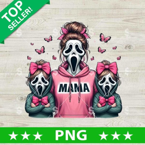 Ghostface Mama Messy Bun and 2 Kids PNG, Ghostface Mama PNG, Ghostface Mama Horror Sublimation PNG