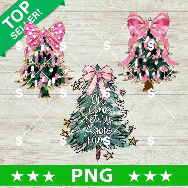 Colorful Glitter Christmas Tree Come Let Us Adore Him PNG, Christmas Coquette Bow PNG, Girly Christmas Tree PNG