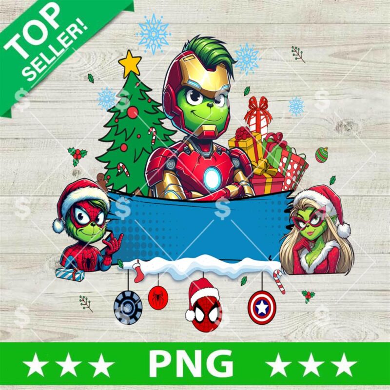 Grinch Superhero Christmas Name Frame PNG, Superhero Christmas PNG, Santa Kids Christmas Sublimation