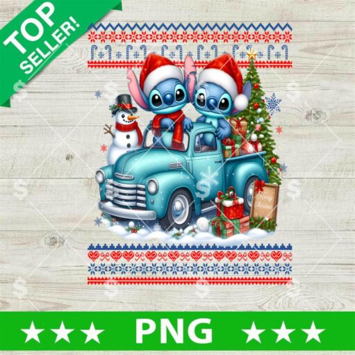 Stitch Couple Christmas Truck Ugly Sweater PNG