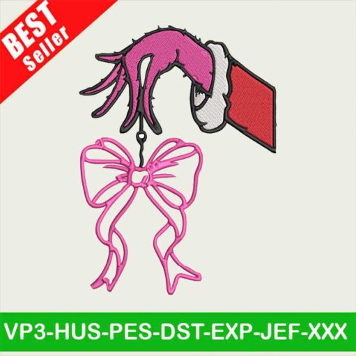 Grinch Hand Pink Coquette Bow Embroidery Designs