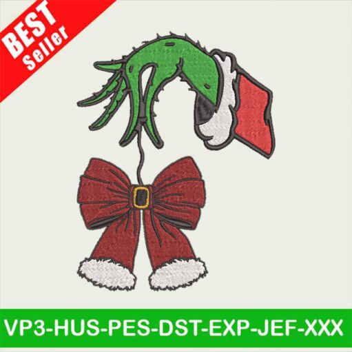 Grinch Hand Holding Coquette Bow Embroidery Designs