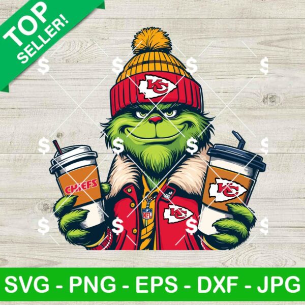 Grinch KC Chiefs Jacket And Coffee SVG, Grinch Football NFL SVG, Kansas City Chiefs Grinch SVG PNG