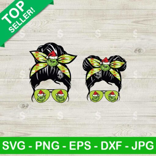 Grinch Messy Bun Mom And Kids SVG Bundle