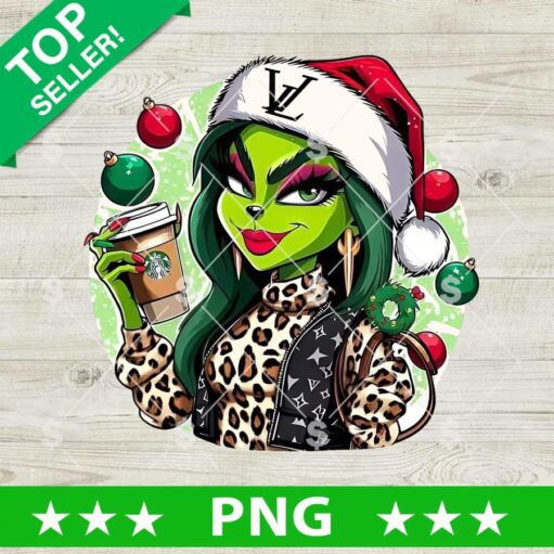 Leopard Grinch Girl Coffee Christmas PNG