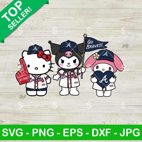 Hello Kitty Kuromi My Melody Atlanta Braves Baseball Svg, Kitty Friends Baseball Fan Svg, Sanrio MLB Fan Svg