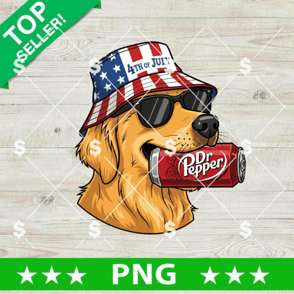 Patriotic Golden Retriever And Dr Pepper Png, 4th Of July Dr Pepper Sublimation Png, Patriotic Dog Png