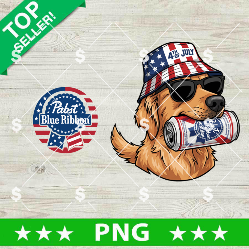 Golden Retriever Pabst Blue Ribbon Beer Png, 4th Of July Pabst Blue Ribbon Sublimation Png, Patriotic Dog Png