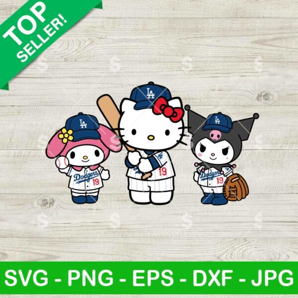 Hello Kitty Friend LA Dodgers Baseball Team Svg, Kitty Kuromi My Melody MLB Uniform Svg, Sanrio Team Svg