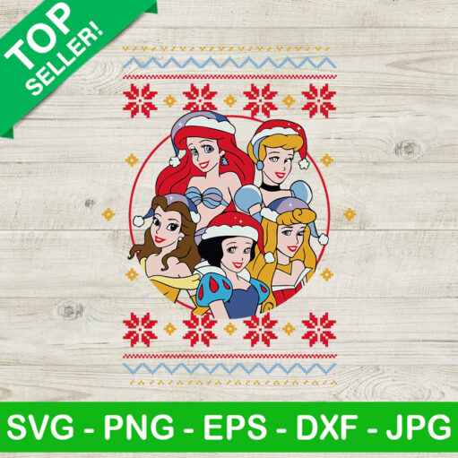 Disney Princess Ugly Sweater Christmas SVG, Princess With Santa Hat SVG, Disney Christmas SVG