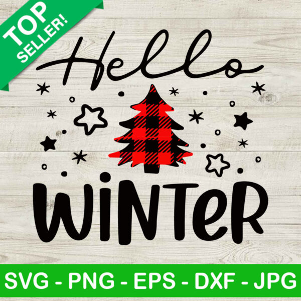 Hello Winter SVG, Buffalo Plaid Tree SVG, Christmas Tree SVG