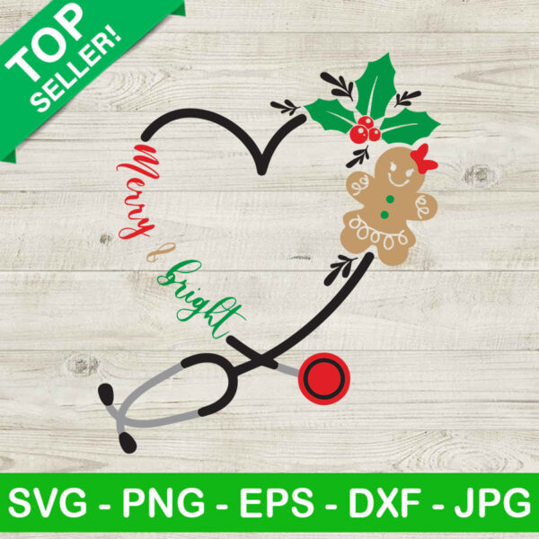 Merry and bright nursing stethoscope SVG, Heart stethoscope SVG, Merry and bright SVG