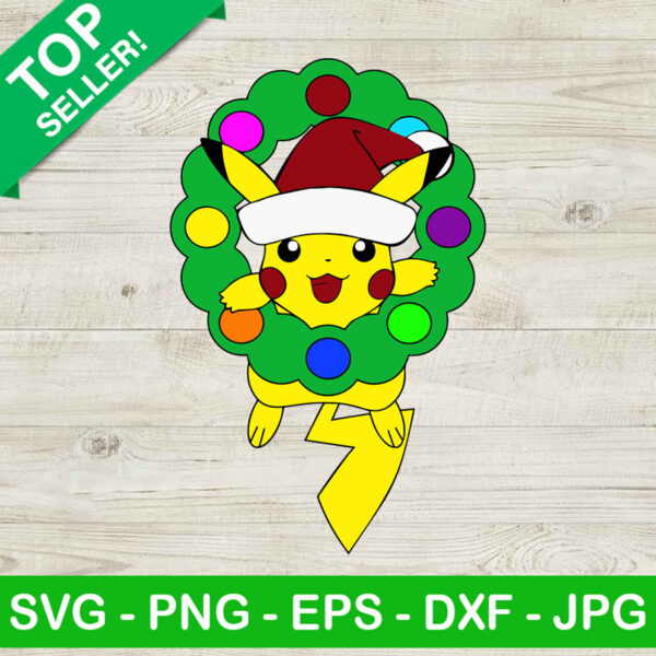 Pikachu with christmas wreath SVG, Pikachu with santa hat SVG, Christmas wreath SVG