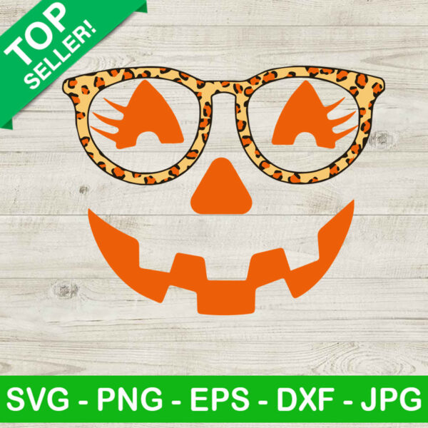 Pumpkin face with glass SVG, Jack o' lantern pumpkin face women leopard SVG, Halloween SVG