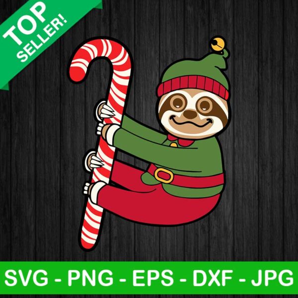 Sloth elf christmas SVG, Candy cane christmas hanging sloth SVG, Sloth elf SVG