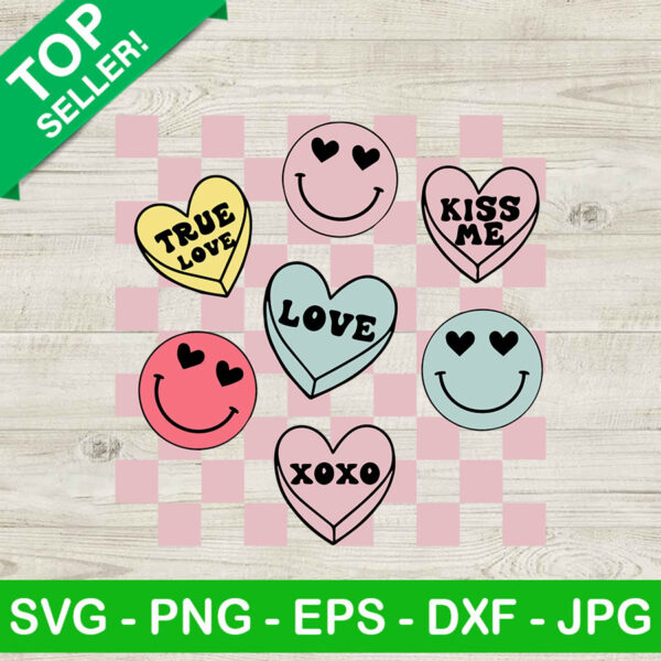 Smiley Candy Hearts SVG, Retro valentines SVG, Smiley Candy SVG