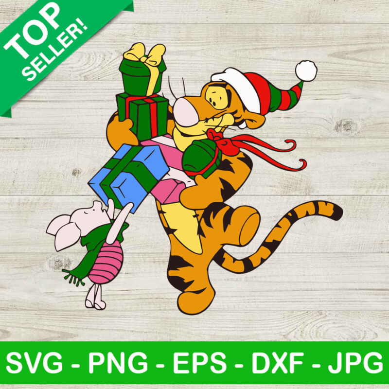 Tiger and piglet santa gift SVG, Christmas gift box tiger and piglet SVG, Christmas SVG