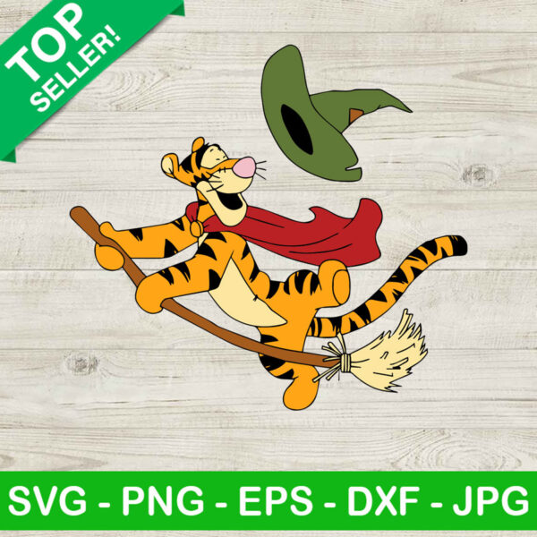 Tiger winnie the pooh ride broom SVG, Halloween Tigger Witch With Broom SVG, Tigger Witch SVG
