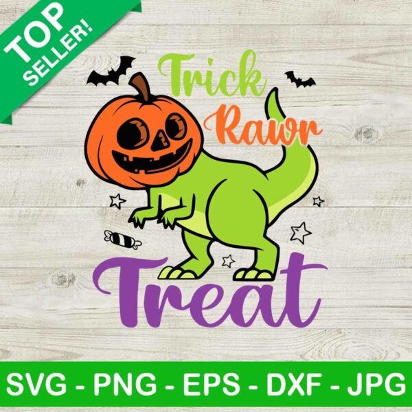 Trick raw treat SVG, Pumpkin dinosaur SVG, T rex halloween SVG