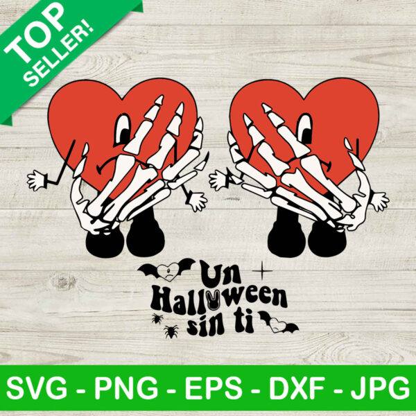 Un halloween sinti skeleton SVG, Skeleton hands on bad bunny hearts SVG, Halloween sinti SVG