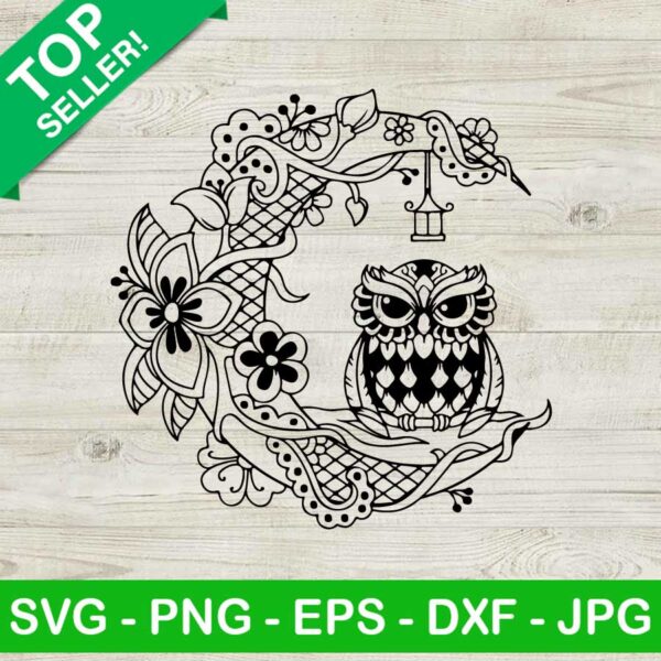 Moon owl mandala SVG, Mandala SVG, Owl on the moon SVG