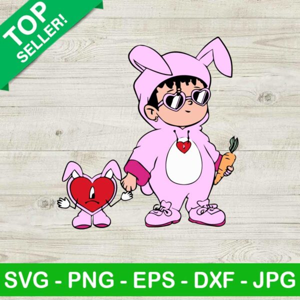 Benito And Sad Heart Easter Bunny SVG, Cute Easter Bad Bunny SVG, Pink Bunny Benito SVG