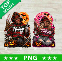Freddy Krueger Hubby Wifey PNG featuring a matching horror couple in red and green striped sweaters, claw gloves, skull tumblers, Halloween pumpkins, and bats.