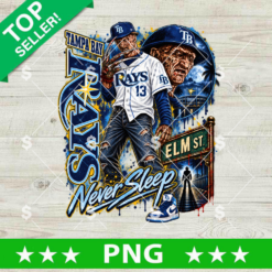 Freddy Krueger Tampa Bay Rays PNG with blue baseball uniform, large Rays lettering, night stadium background, and Sweet Revenge text