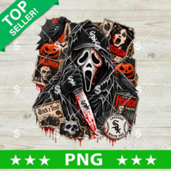 Ghostface Chicago White Sox PNG with black baseball cap, horror mask, Halloween pumpkins, ravens, spiderwebs, and distressed collage details
