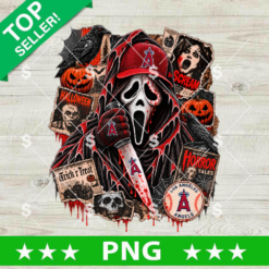 Ghostface Los Angeles Angels PNG featuring a red baseball cap, horror mask, Halloween pumpkins, spiderwebs, and distressed Scream collage