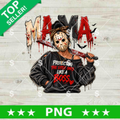 Mama Jason Voorhees PNG featuring a hockey mask, leopard-print headband, machete, distressed MAMA lettering, and protective mom slogan
