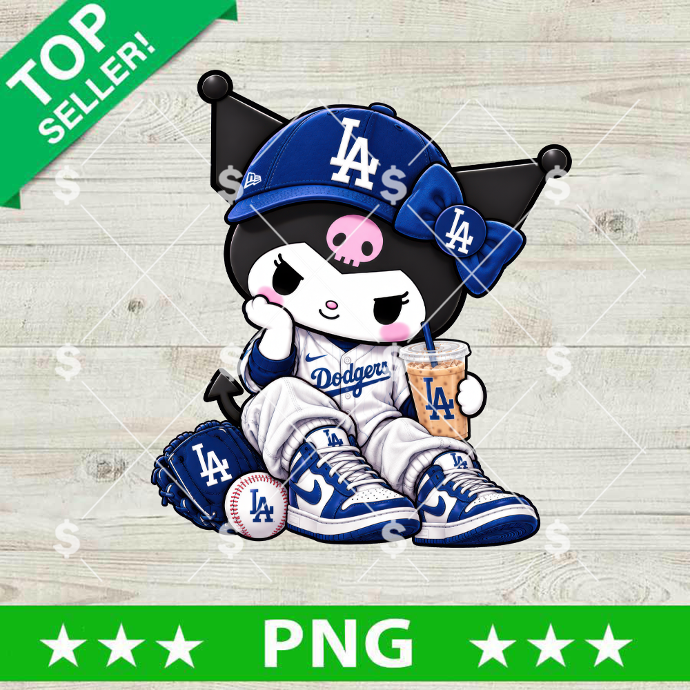 Kuromi Los Angeles Dodgers PNG wearing a blue baseball cap and pinstriped jersey, sitting with iced coffee, baseball, and matching sneakers