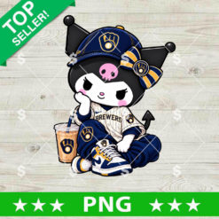 Kuromi Milwaukee Brewers PNG wearing a navy baseball cap and white pinstriped jersey, sitting beside an iced coffee cup
