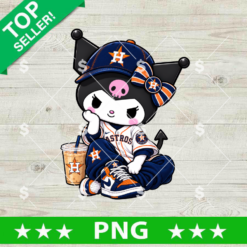 Kuromi Houston Astros PNG featuring a navy Astros-style cap and jersey, pink skull detail, baseball cup, and cute seated character artwork
