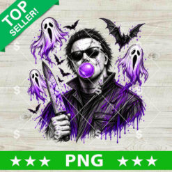 Michael Myers Bubble Gum Halloween PNG with knife ghosts and purple bats