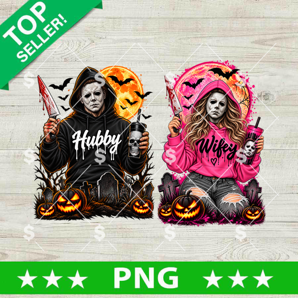 Michael Myers Hubby Wifey PNG featuring a matching horror couple in black and pink hoodies with knives, skull tumblers, Halloween pumpkins, bats, and glowing moons.