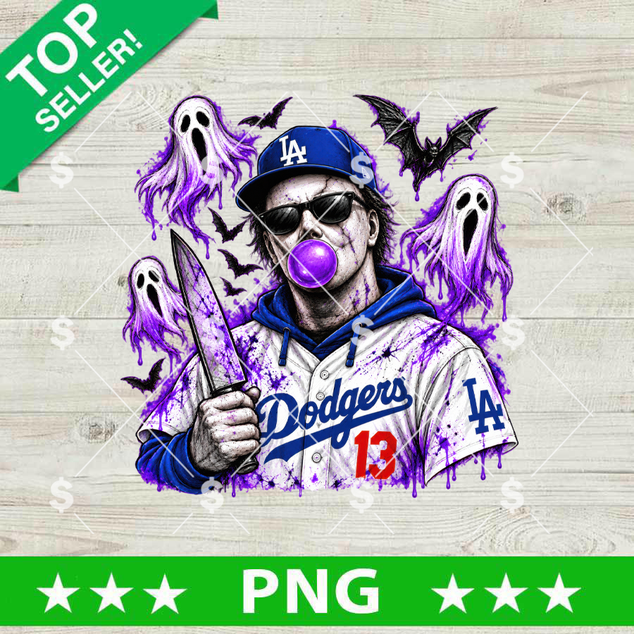 Los Angeles Dodgers Halloween PNG baseball character blowing purple bubble gum with ghosts and bats