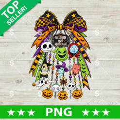 Nightmare Before Christmas Bow PNG with Jack Skellington Halloween bow design and spooky ornaments