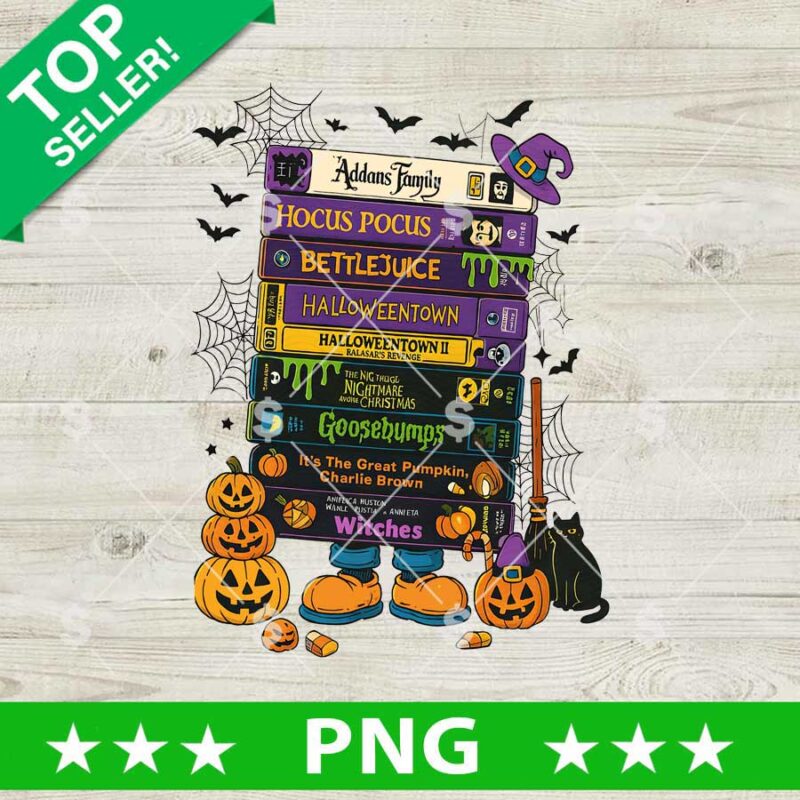 Halloween book stack PNG with spooky books, pumpkins, bats, and black cat