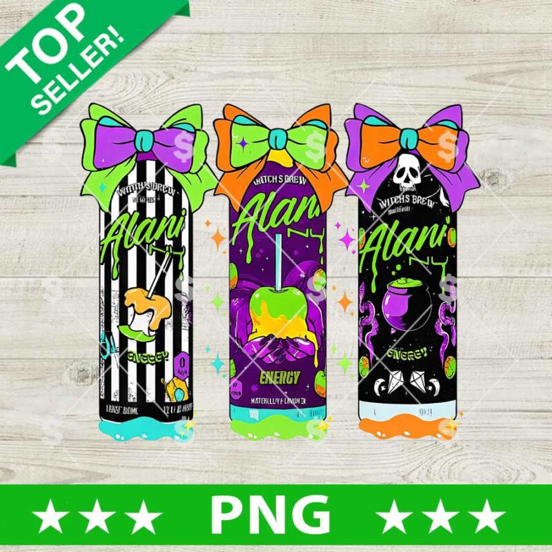 Alani Witches Brew Halloween PNG with colorful spooky drink cans
