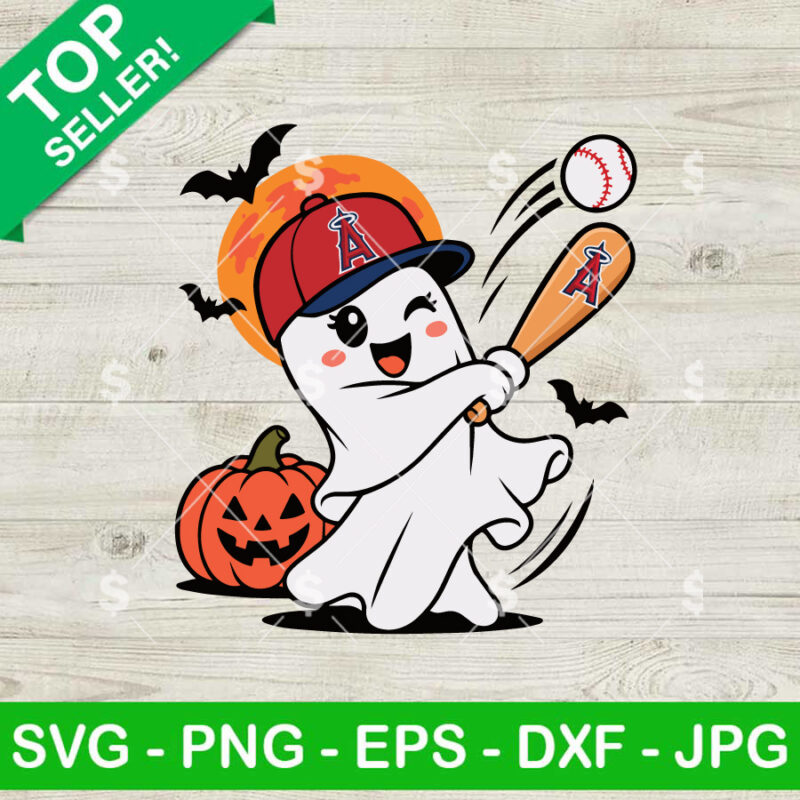 Los Angeles Angels Halloween SVG baseball ghost swinging bat with pumpkin
