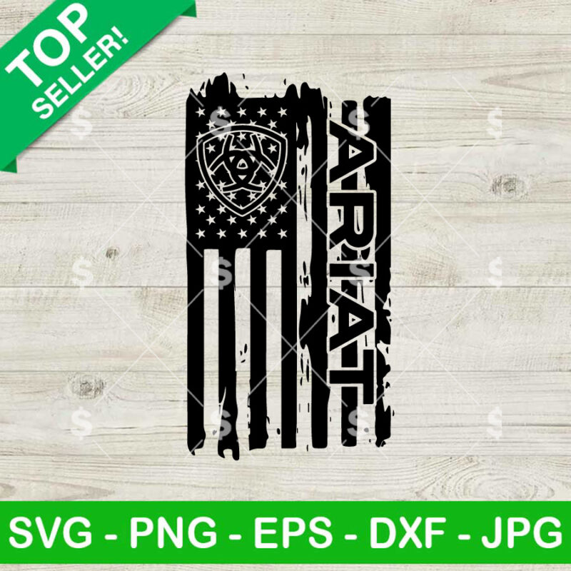 Ariat American Flag SVG with vertical ARIAT lettering, distressed USA flag, stars, and shield emblem