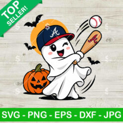 Atlanta Braves Halloween SVG ghost baseball design with pumpkin and bat