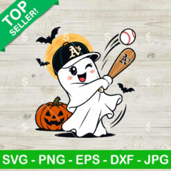 Oakland Athletics Halloween SVG ghost baseball design with pumpkin and bats