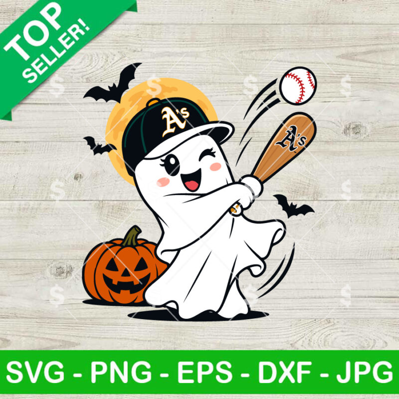 Oakland Athletics Halloween SVG ghost baseball design with pumpkin and bats