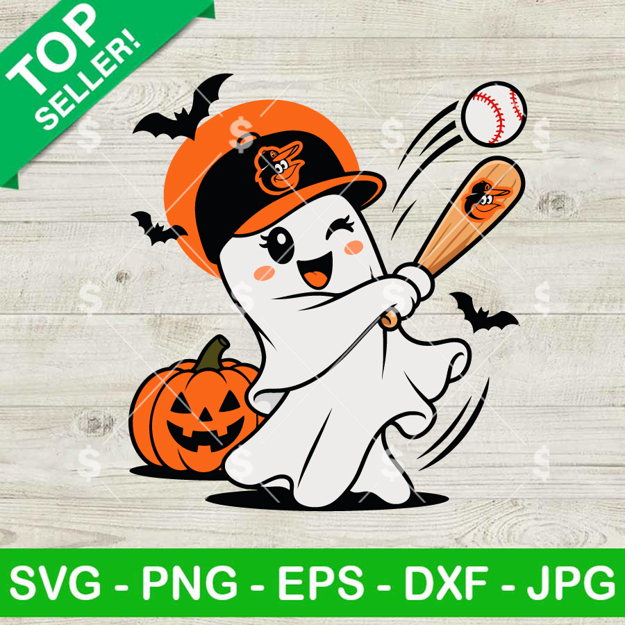 Baltimore Orioles Halloween SVG ghost baseball design with pumpkin and bats