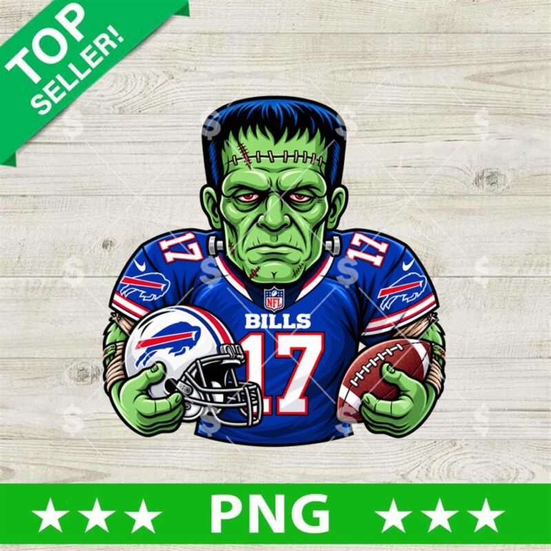 Buffalo Bills Frankenstein PNG featuring green monster in blue Bills football jersey