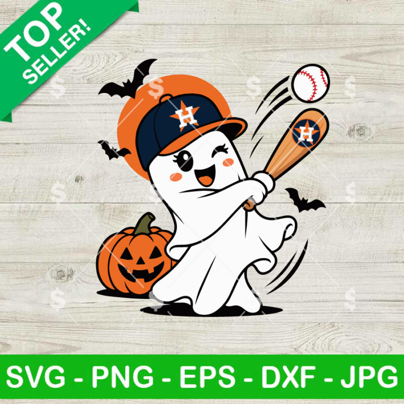 Houston Astros Halloween SVG with ghost baseball player, bat, pumpkin and baseball